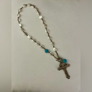 Faux pearl and turquoise necklace with cross and toggle.